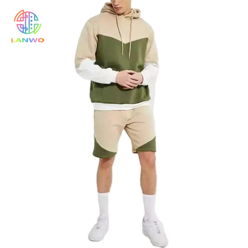 100%cotton Color Block Men's Kangaroo Pocket Hoodie And Shorts Set Casual Loose Men's Sweatsuits