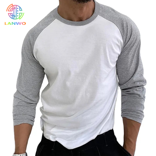 Custom High Quality Men's Crew Neck Long Sleeve T-shirt 100% Cotton Blank Patchwork Long Sleeve T-shirt For Men