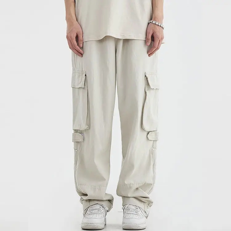 Vintage Streetwear Flap Pocket Men Pant Trouser Casual Zipper Detail Custom Logo Cargo Pants For Men