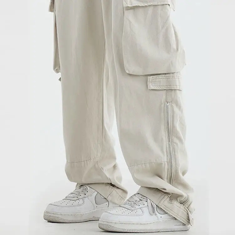Vintage Streetwear Flap Pocket Men Pant Trouser Casual Zipper Detail Custom Logo Cargo Pants For Men