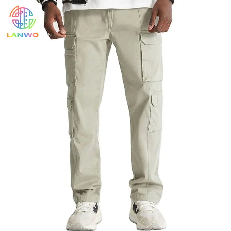 Straignht Leg Men Cotton Cargo Pants Drawstring Waistband Multi Pockets Mens Customized Trousers