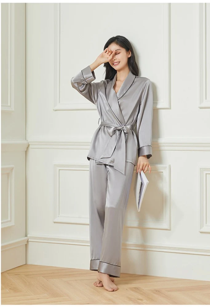 Pajamas Grey Silk Dressing Gown Women's Robe Type Silk Pajamas