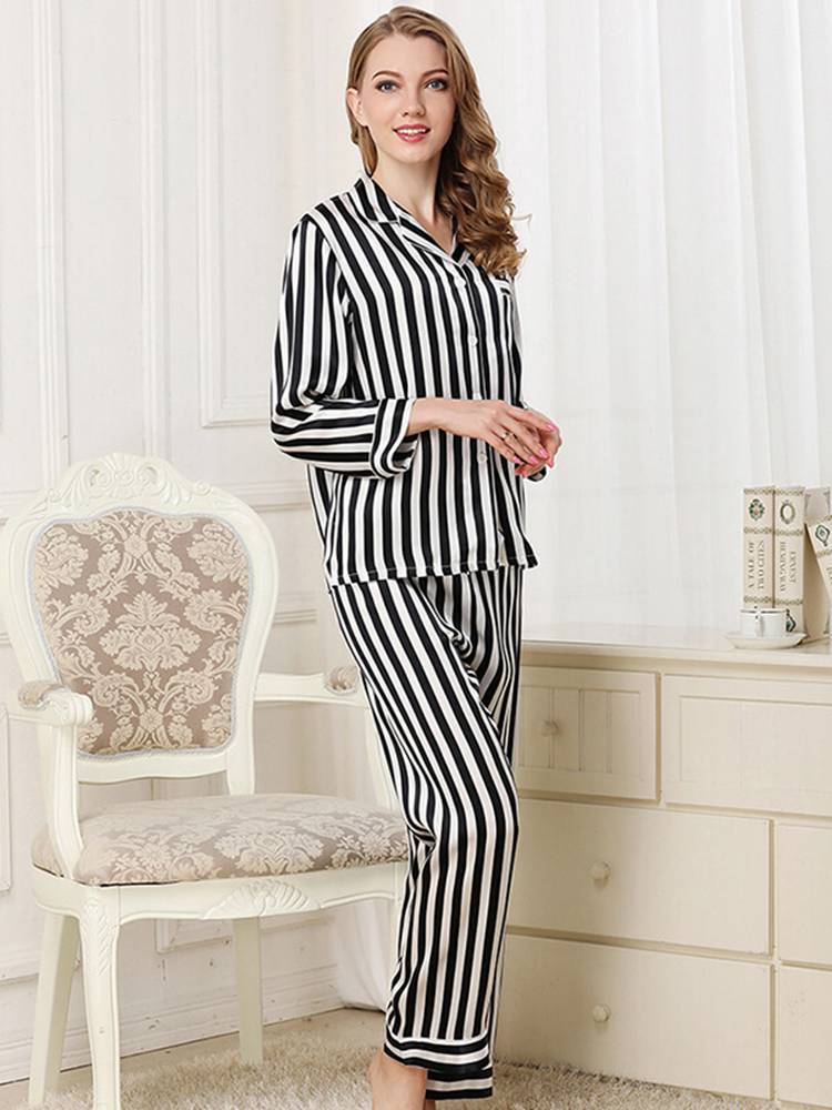Women's 22 Momme 100% Mulberry Silk Long Sleeve Striped Pajamas