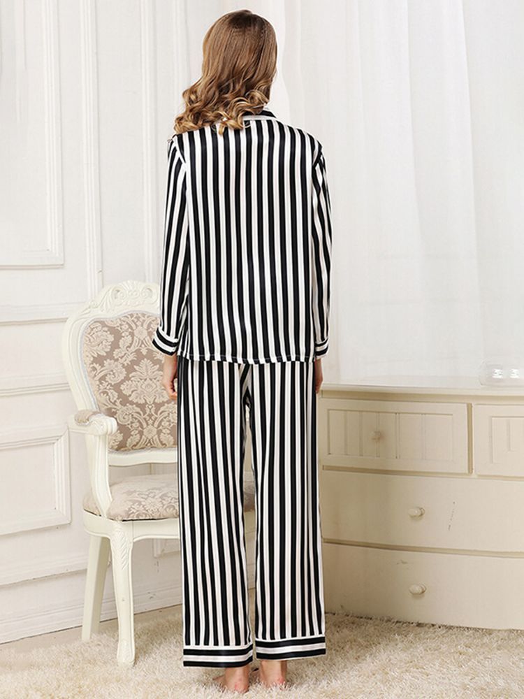 Women's 22 Momme 100% Mulberry Silk Long Sleeve Striped Pajamas