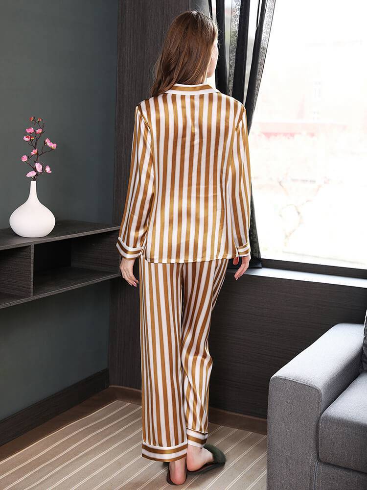 Women's 22 Momme 100% Mulberry Silk Long Sleeve Striped Pajamas