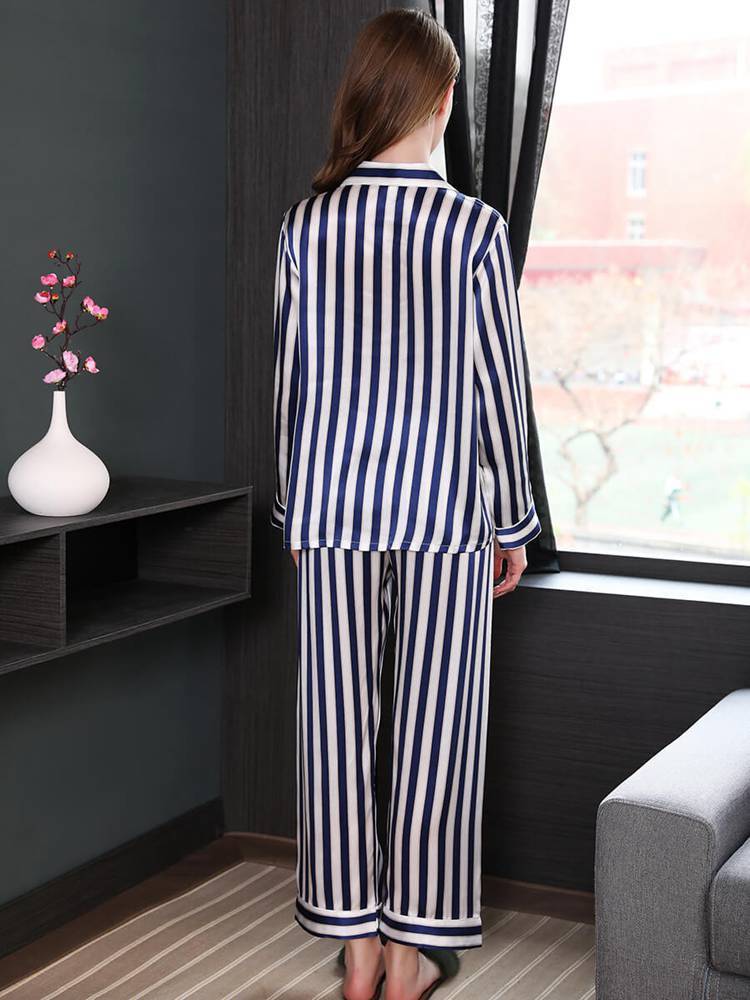 Women's 22 Momme 100% Mulberry Silk Long Sleeve Striped Pajamas