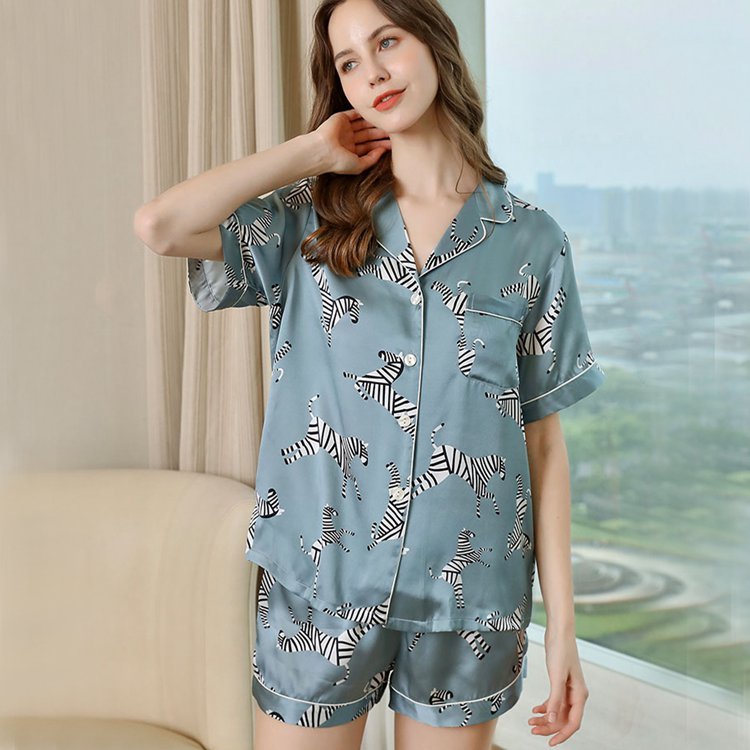 Women's 100% Mulberry Silk Zebra Print Short Sleeve Shorts Pajamas