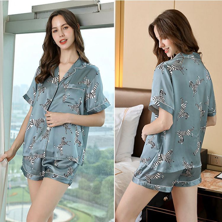 Women's 100% Mulberry Silk Zebra Print Short Sleeve Shorts Pajamas