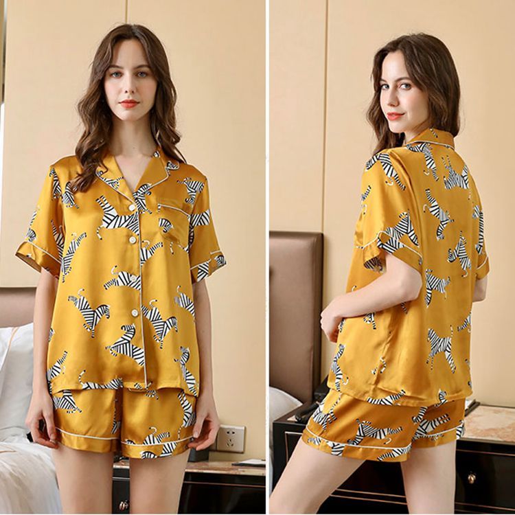 Women's 100% Mulberry Silk Zebra Print Short Sleeve Shorts Pajamas