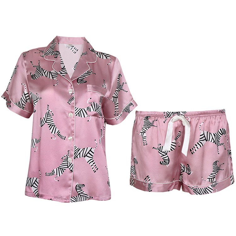 Women's 100% Mulberry Silk Zebra Print Short Sleeve Shorts Pajamas