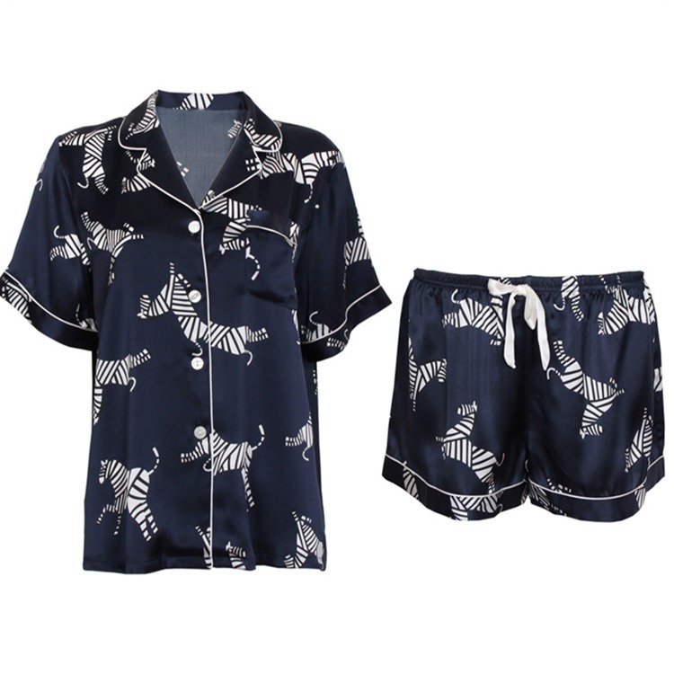 Women's 100% Mulberry Silk Zebra Print Short Sleeve Shorts Pajamas