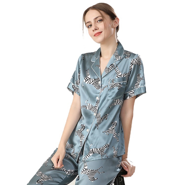 Women's 19 Momme 100% Mulberry Silk Zebra Print Short Sleeve Pajama