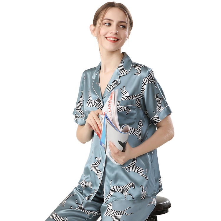 Women's 19 Momme 100% Mulberry Silk Zebra Print Short Sleeve Pajama
