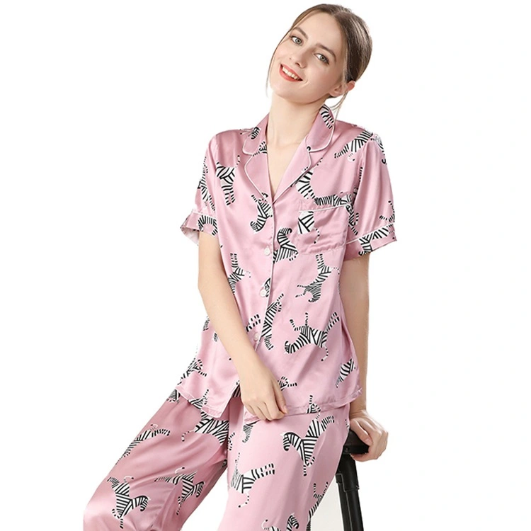 Women's 19 Momme 100% Mulberry Silk Zebra Print Short Sleeve Pajama