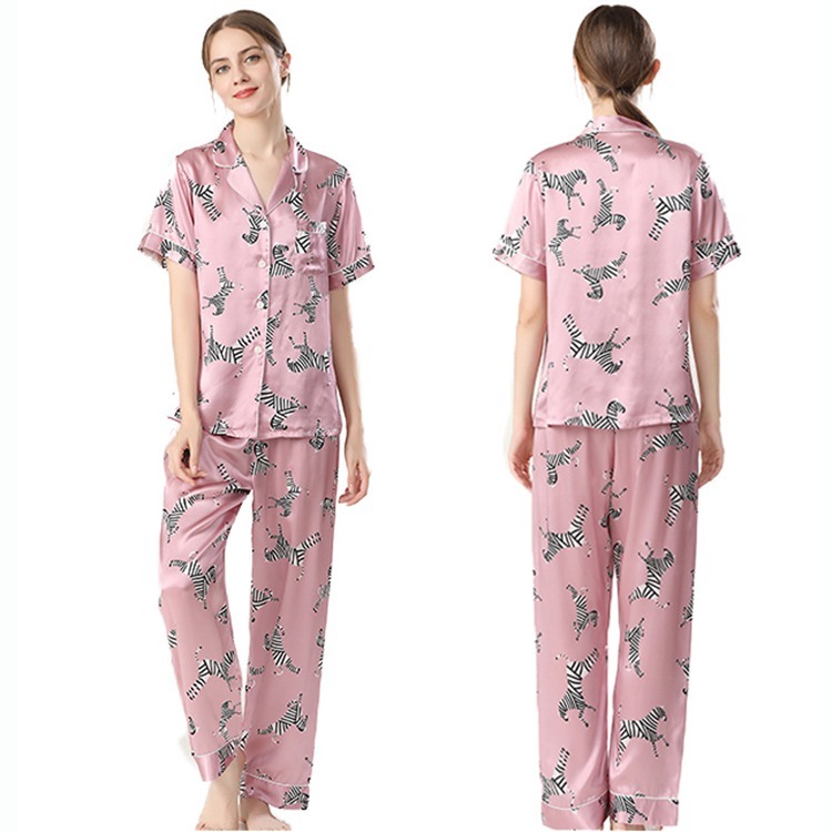 Women's 19 Momme 100% Mulberry Silk Zebra Print Short Sleeve Pajama