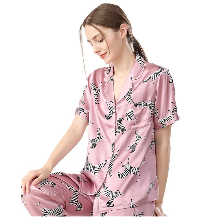 Women's 19 Momme 100% Mulberry Silk Zebra Print Short Sleeve Pajama