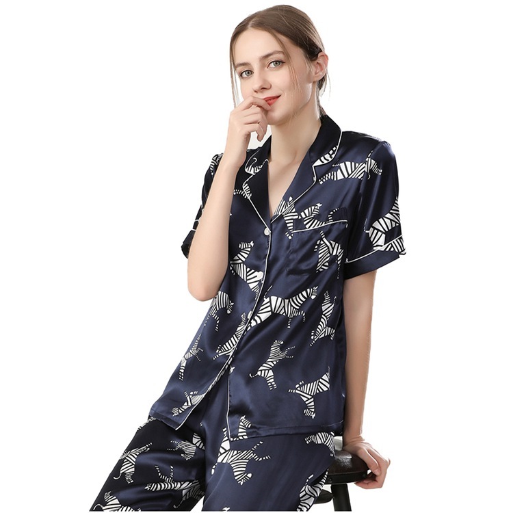 Women's 19 Momme 100% Mulberry Silk Zebra Print Short Sleeve Pajama