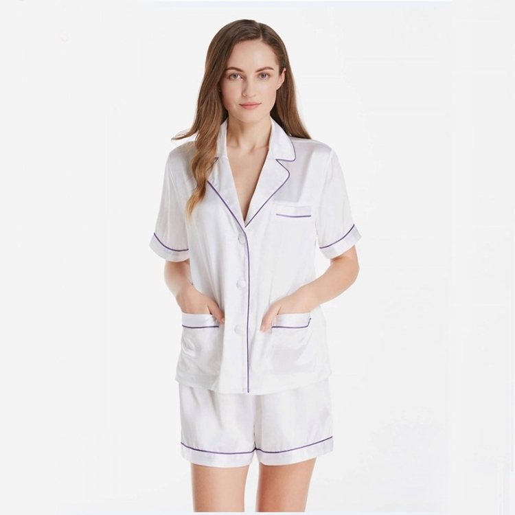 Women's 100% Mulberry Silk Charmeuse Short Sleeve Deep V Neck Pajamas