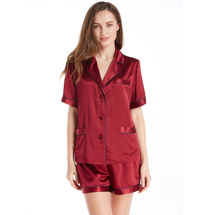Women's 100% Mulberry Silk Charmeuse Short Sleeve Deep V Neck Pajamas