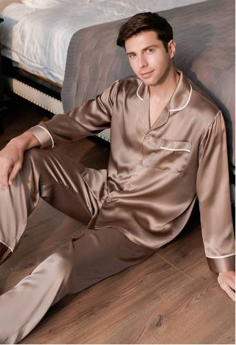 Men's Pure Mulberry Silk Charmeuse Pajama Set Round Collar