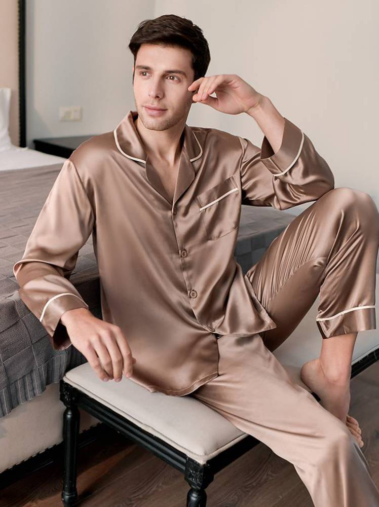 Men's Pure Mulberry Silk Charmeuse Pajama Set Round Collar