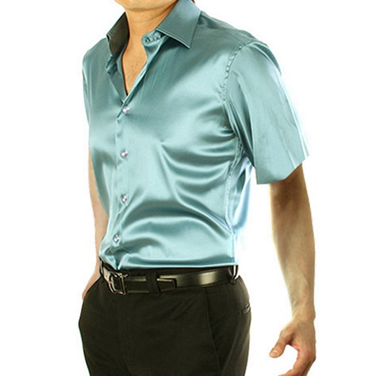 Men's 100% Mulberry Silk Charmeuse Short Sleeve Spread Collar Dress Shirt