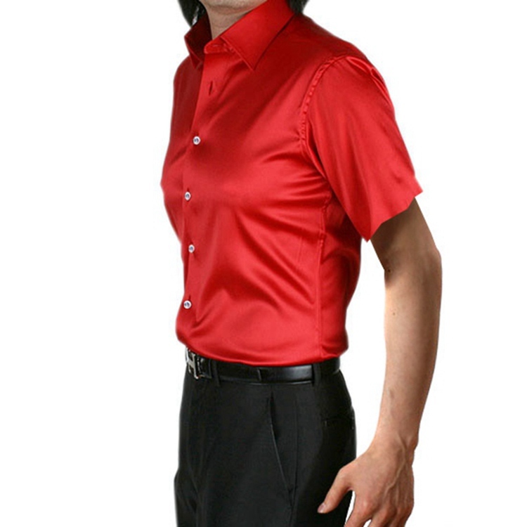 Men's 100% Mulberry Silk Charmeuse Short Sleeve Spread Collar Dress Shirt