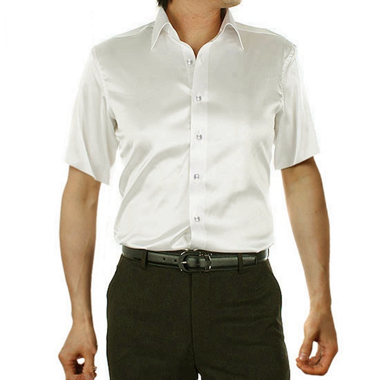 Men's 100% Mulberry Silk Charmeuse Short Sleeve Spread Collar Dress Shirt