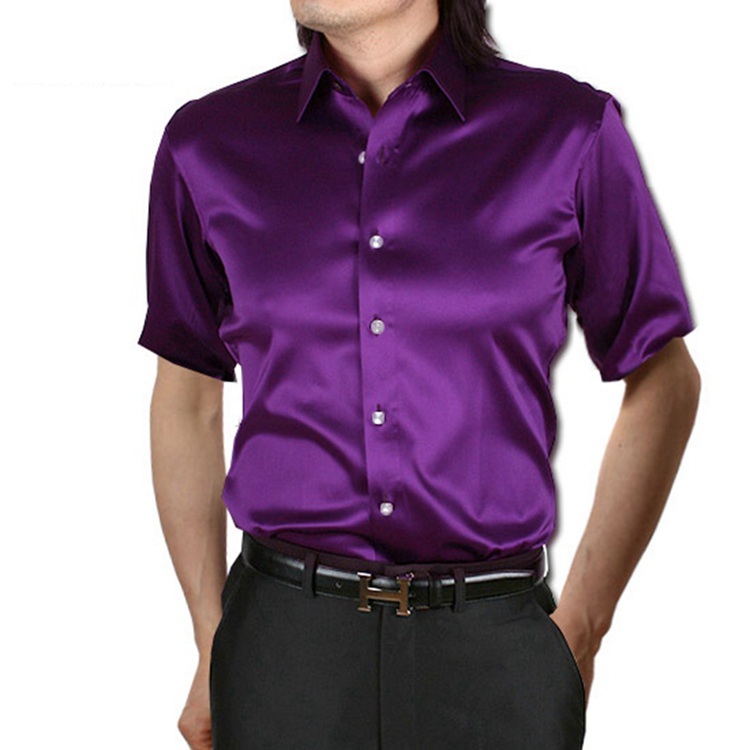 Men's 100% Mulberry Silk Charmeuse Short Sleeve Spread Collar Dress Shirt
