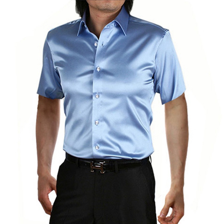 Men's 100% Mulberry Silk Charmeuse Short Sleeve Spread Collar Dress Shirt