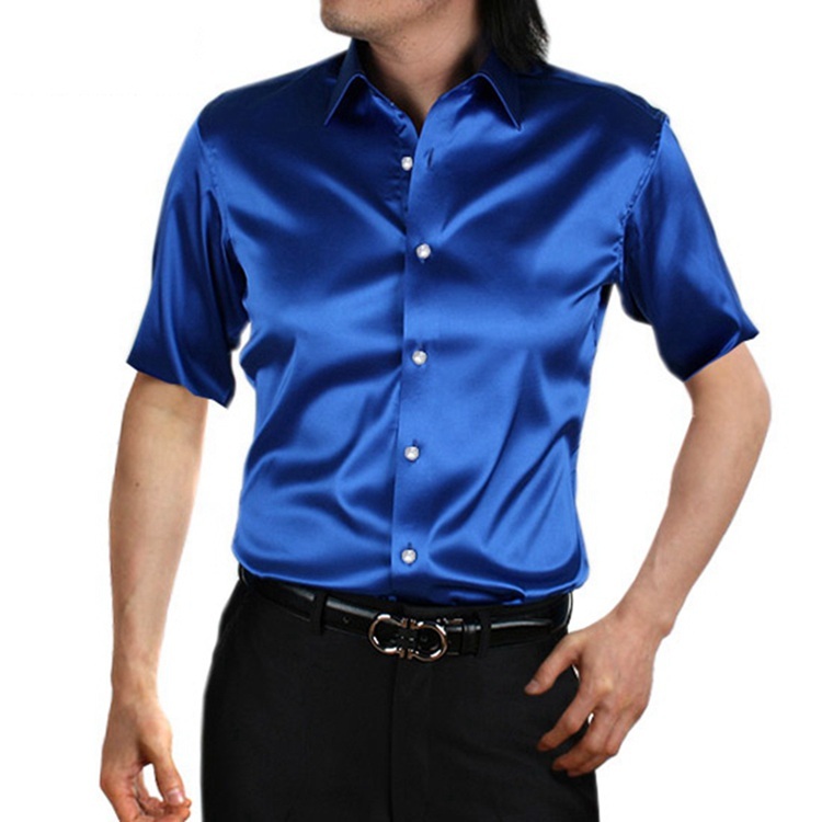 Men's 100% Mulberry Silk Charmeuse Short Sleeve Spread Collar Dress Shirt