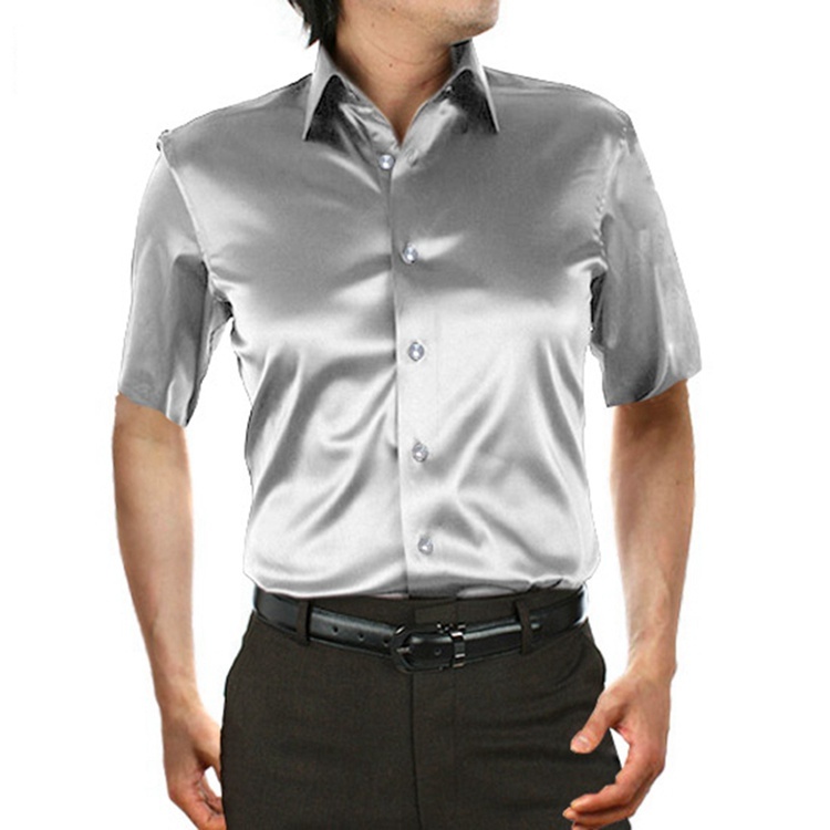 Men's 100% Mulberry Silk Charmeuse Short Sleeve Spread Collar Dress Shirt