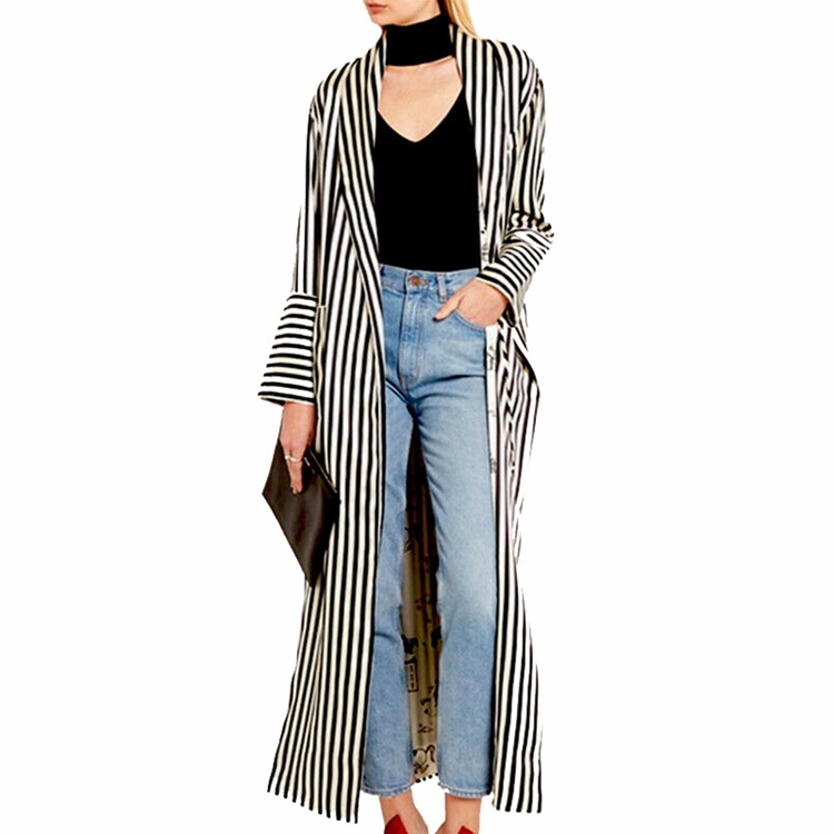 Women's 22 Momme 100% Mulberry Silk Black & White Striped Bathrobe