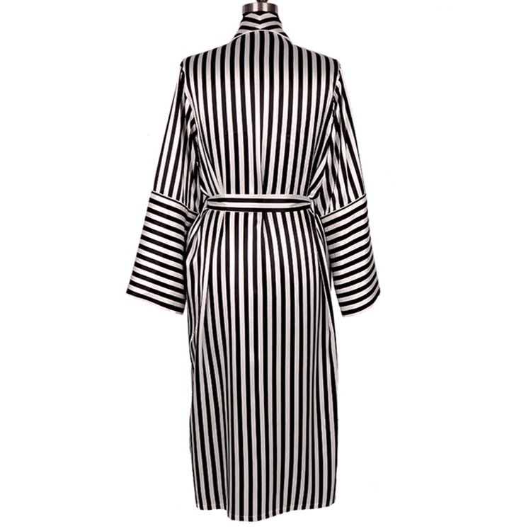 Women's 22 Momme 100% Mulberry Silk Black & White Striped Bathrobe