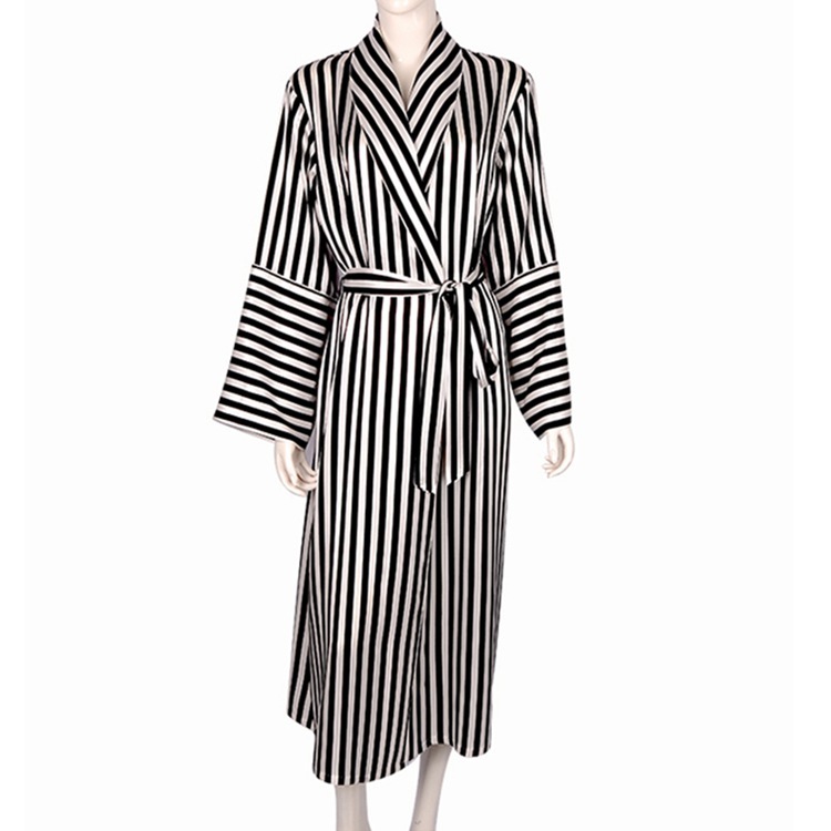 Women's 22 Momme 100% Mulberry Silk Black & White Striped Bathrobe