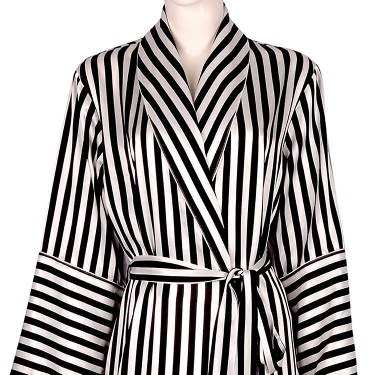 Women's 22 Momme 100% Mulberry Silk Black & White Striped Bathrobe
