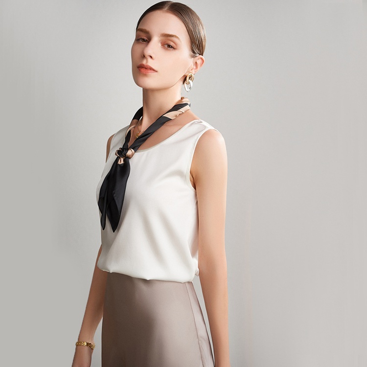 Natural White Details Wide Strap Silk Tops Womens