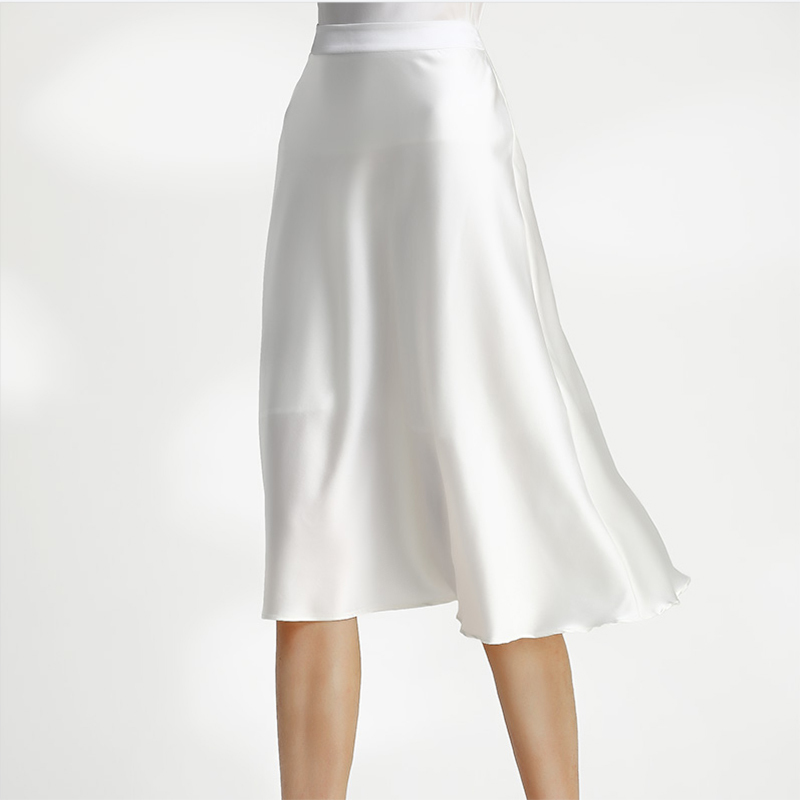 Women's 100% Mulberry Silk Charmeuse Flared Skirt Below Knee Zipper Waist