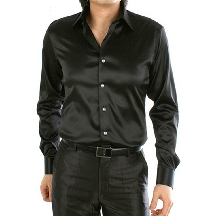 100% Mulberry Silk Charmeuse Long Sleeve Dress Shirt Spread Collar