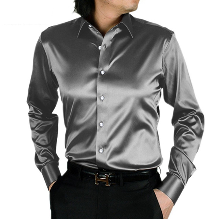 100% Mulberry Silk Charmeuse Long Sleeve Dress Shirt Spread Collar
