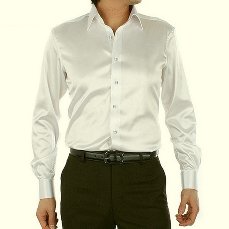 100% Mulberry Silk Charmeuse Long Sleeve Dress Shirt Spread Collar