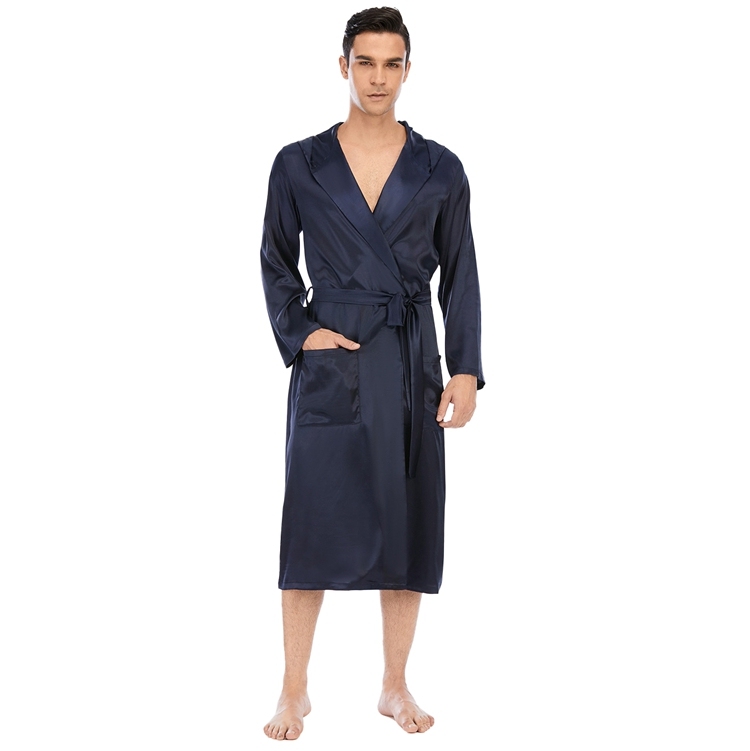Men's Pure Mulberry Silk Charmeuse Hooded Robe