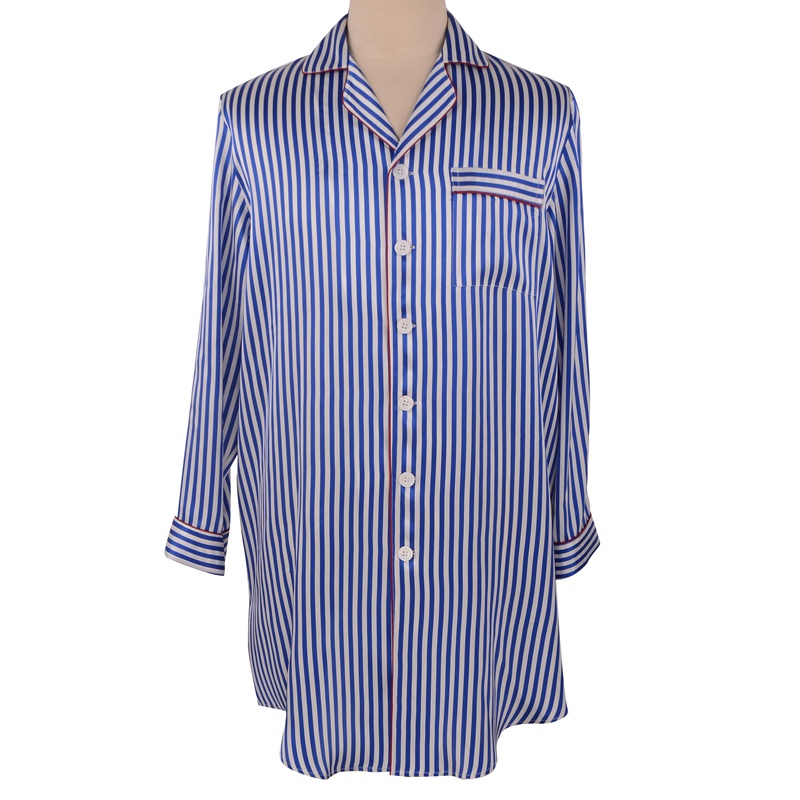 Men's 100% Mulberry Silk Long Nightshirt Blue Stripe Print
