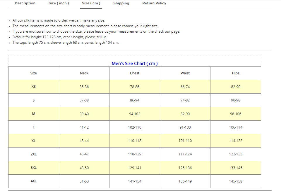 sistersilk size chart men
