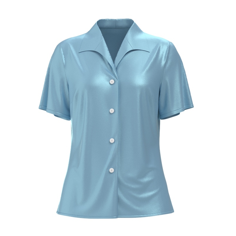 Women's 100% Mulberry Silk Wing Lapel Collar Shirt Short Sleeve Color Sky Blue