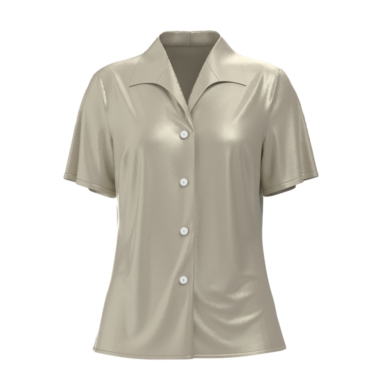 Women's 100% Mulberry Silk Wing Lapel Collar Shirt Short Sleeve Color Rice