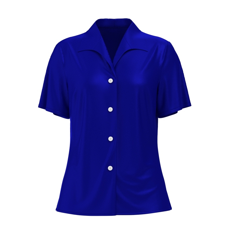 Women's 100% Mulberry Silk Wing Lapel Collar Shirt Short Sleeve Color Blue