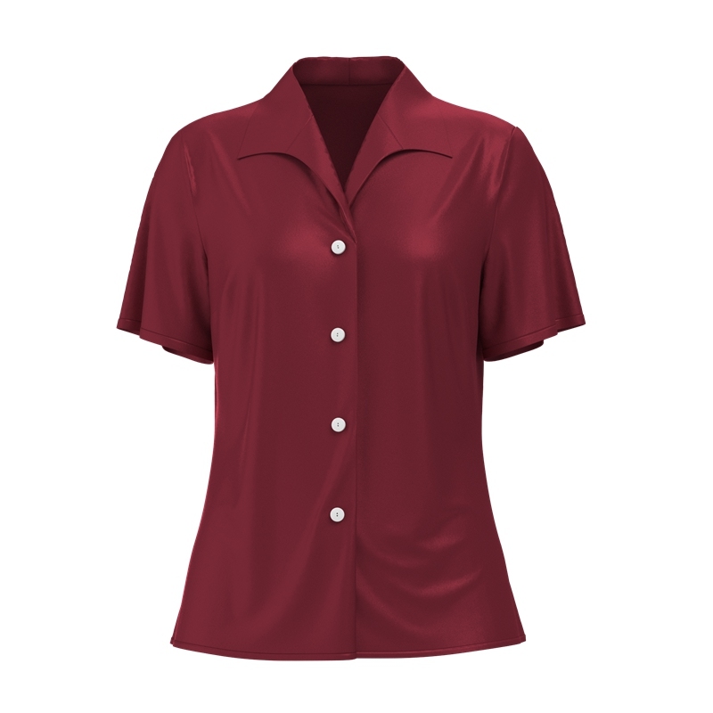 Women's 100% Mulberry Silk Wing Lapel Collar Shirt Short Sleeve Color Wine Red