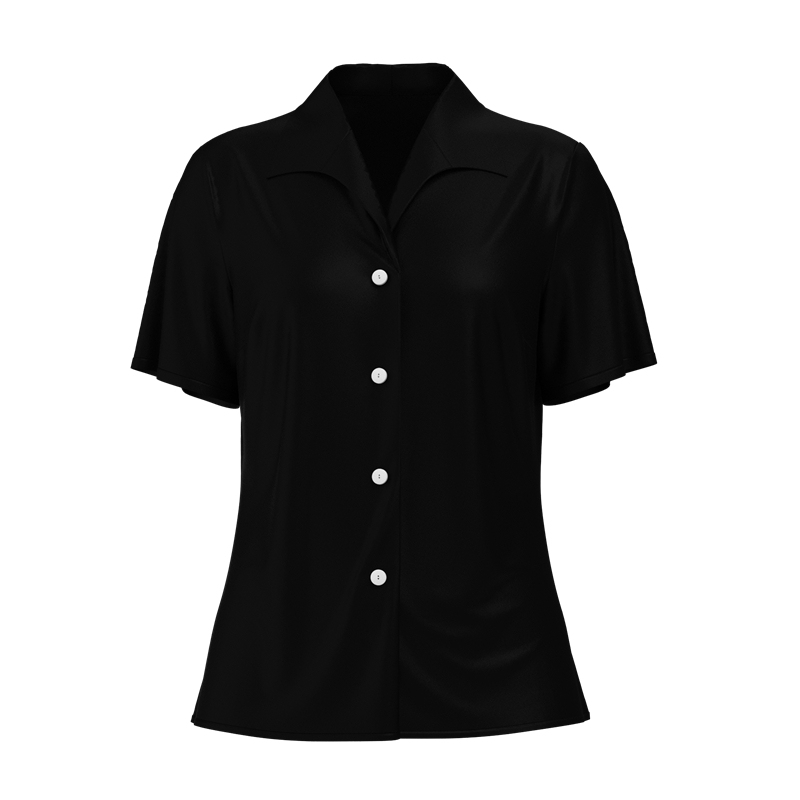 Women's 100% Mulberry Silk Wing Lapel Collar Shirt Short Sleeve Color Black