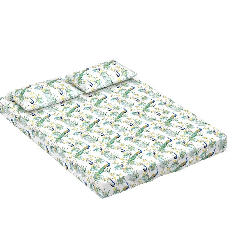 100% Mulberry Silk Peacock Print Fitted Sheet Set